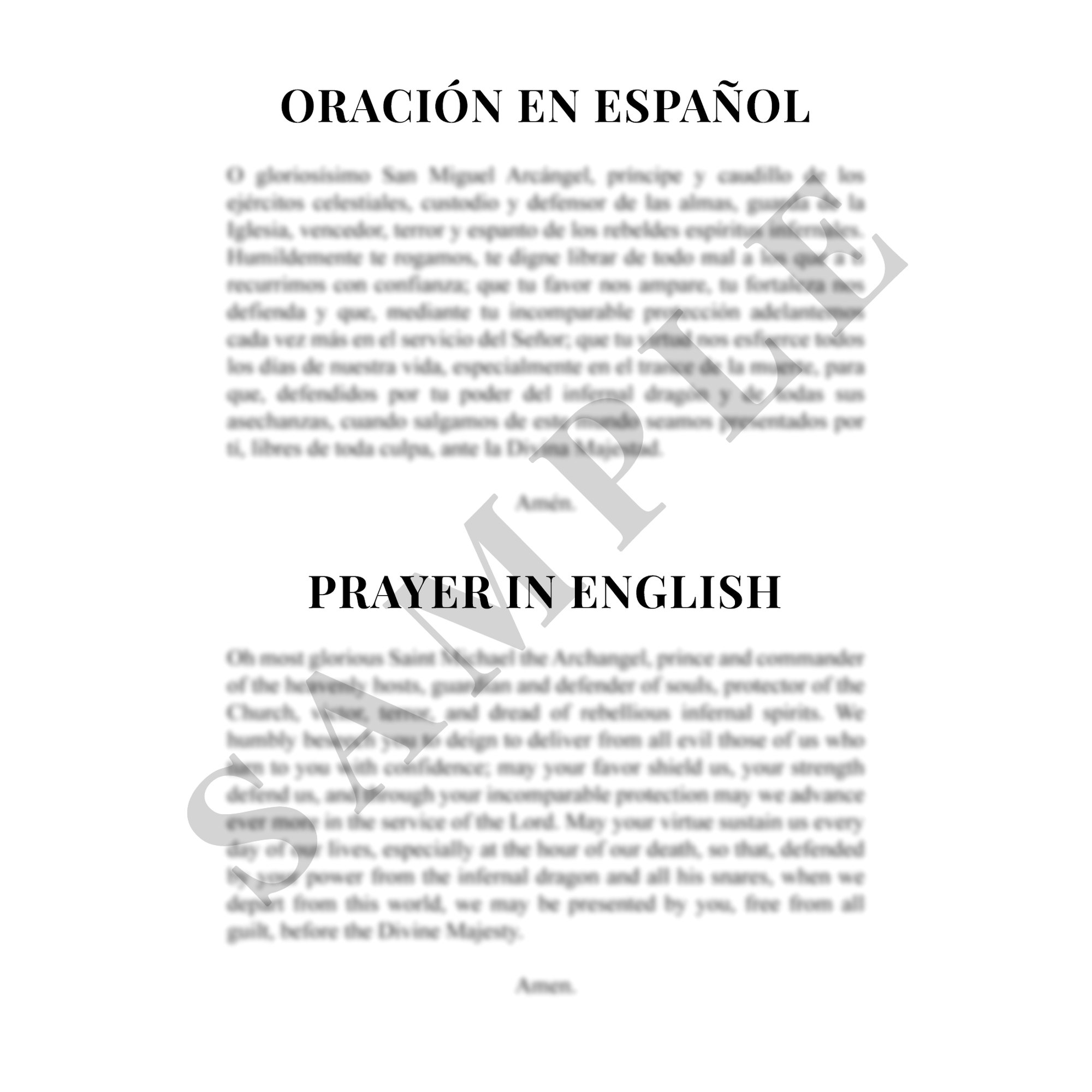 Sample of the back of the prayer card, showing the prayer printed in Spanish and English