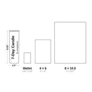 Prayer card size guide shown to scale next to a 7-day candle (8.25 in tall, 2.5 in wide): Wallet 1.69 x 2.69 in, 4 x 6 in, and 8 x 10.5 in